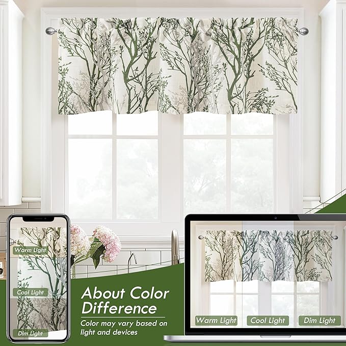 Driftaway Tree Branch Linen Lined Valance Double Layer Thermal Insulated Room Darkening Blackout Valances 3 Inch Rod Pocket Short Window Valance for Living Room Bathroom 52 Inch by 18 Inch Loden Green