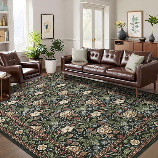 GarveeHome Washable Area Rug 6x9, Soft Vintage Floral Bedroom Rug Non Slip Low Pile Forest Green Carpet Stain Resistant Throw Rug for Bedside Kids Room Office Dining Room