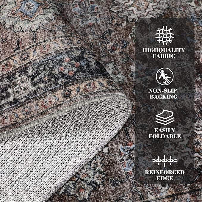GarveeHome Area Rugs 4x6 Vintage Printed Floor Carpet with Non-Slip Backing, Stain-Resistant Oriental Throw Rugs, Washable Farmhouse Low Pile Rugs for Living Room, Bedroom, Office, Brown