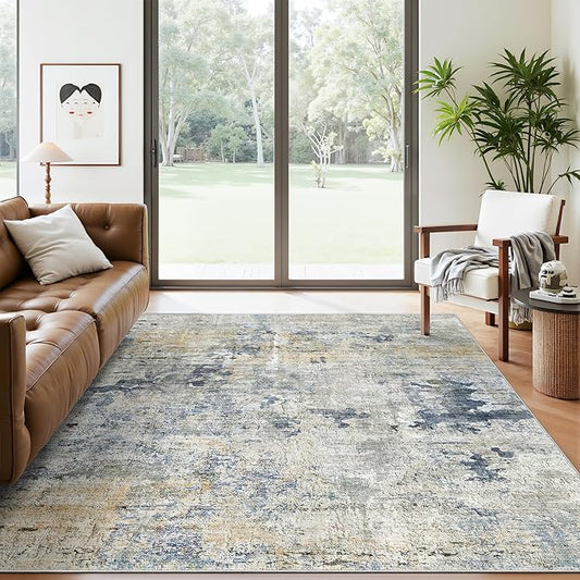 Soalmost Abstract Rug 5x7 Machine Washable Area Indoor Blue Yellow Low Pile Non-Slip Foldable Thin Accent Rugs for Bedroom Living Room Dining Room