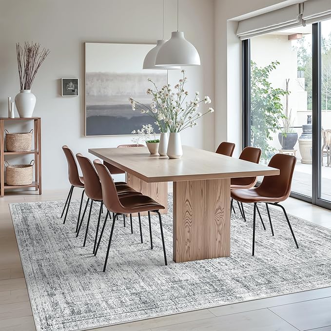 Soalmost Washable Area Rug 8x10, Large Soft Rugs for Living Room Farmhouse Vintage Gray Area Rugs for Bedroom Dining Room Non-Slip Stain Resistant Under Table Rug Grey