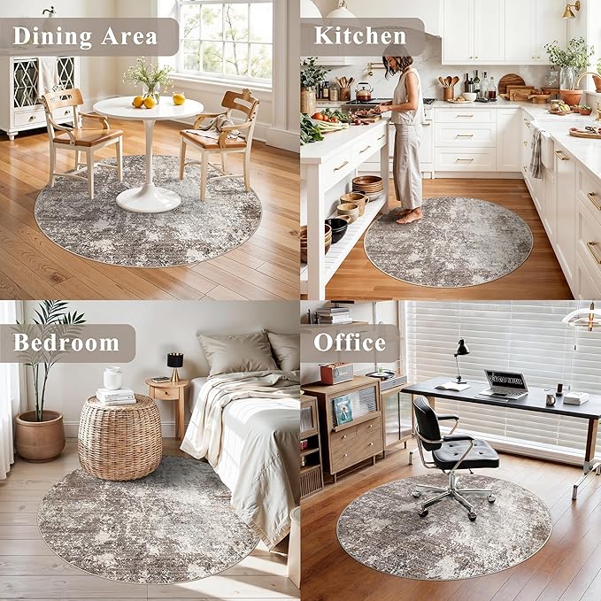 4ft Washable Kitchen Round Rug: Non-Slip Small Circle Rug for Bathroom,Living Room,Bedroom – Soft Modern Neutral Abstract Circular Carpet (Brown Beige,4x4)