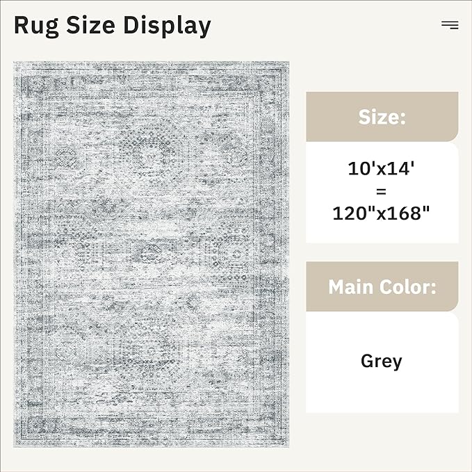 Soalmost 10x14 Area Rugs for Living Room, Non Slip Machine Washable Vintage Rugs, Low Pile Lightweight Large Rug for Bedroom, Dining Room, Home Office Grey