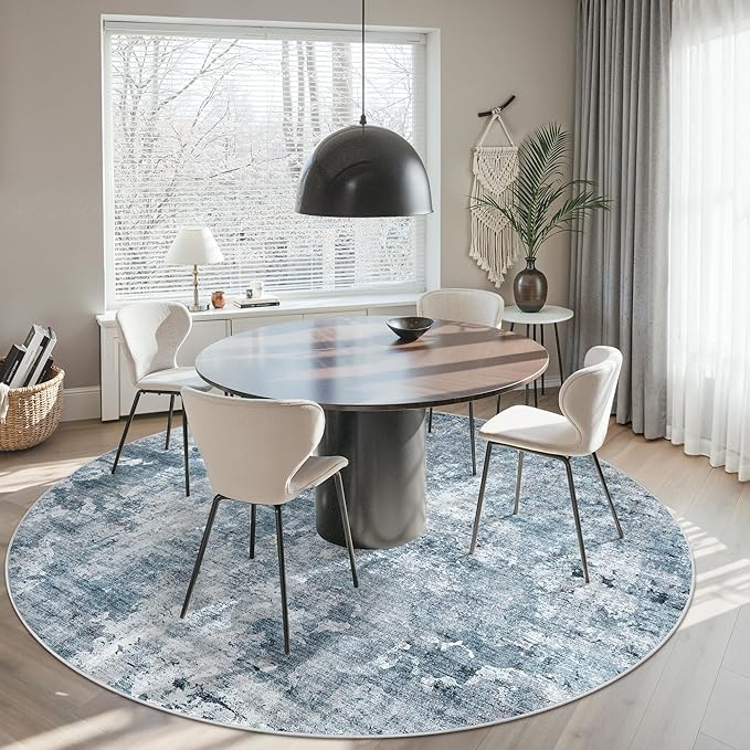 Soalmost 9x9 Blue/Grey Round Rug 9ft Living Room Circle Rug Vintage Round Area Rug Non Slip Indoor Carpet for Apartment