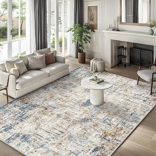 8x8 Square Area Rug Living Room – Non-Slip Washable Large Floor Carpet for Bedroom Dining Room Playroom Room – Modern Abstract Neutral Thin Low-Pile Big Indoor Rug (Blue Brown)