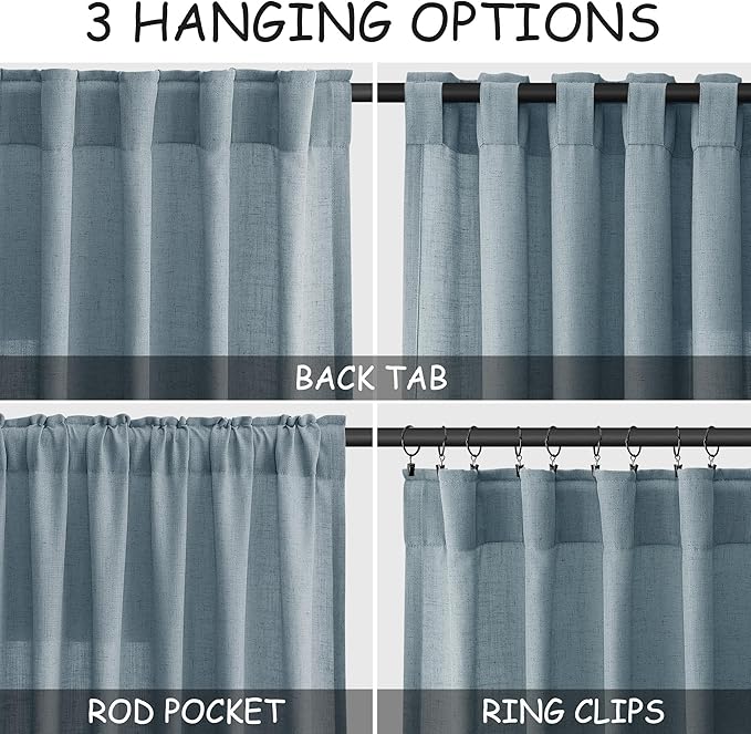Extra Long Light Blue Linen Curtains 120 Inch for Living Room 2 Panels Set Rod Pocket Back Tab Light Filtering Semi Sheer Soft Linen Window Drapes Privacy High Ceiling Drapes for Farmhouse 52x120