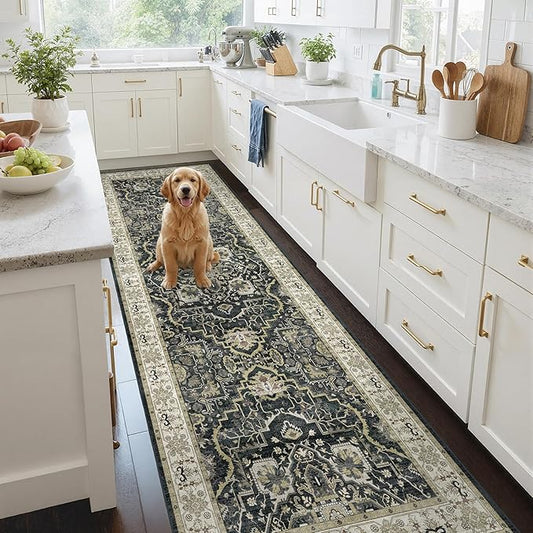 3x10 Non Slip Hallway Runner Rug - Washable Vintage Distressed Kitchen Carpet, Ultra-Thin Soft Low Pile Entryway Mat with Rubber Backing for Bedroom Living Room (Black)