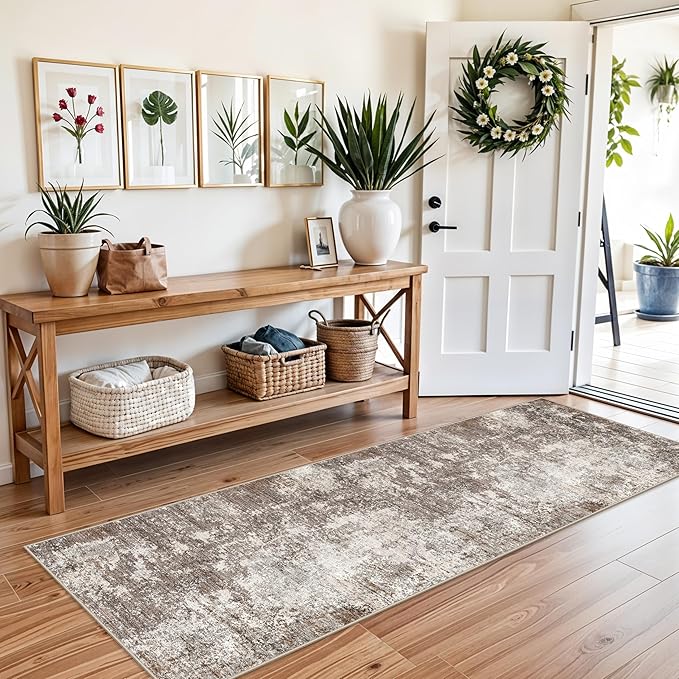 2x7 Washable Kitchen Runner Rug – Non-Slip Soft Carpet for Bathroom Hallway Hall Bedroom – Modern Abstract Neutral Low-Pile Thin Indoor Area Rug with Rubber Backing (Brown Beige,2x7)