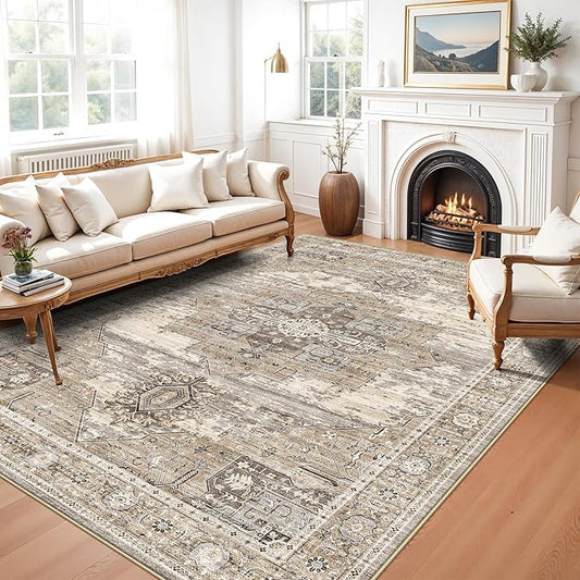 RUUGME 6x8 Washable Oriental Area Rug - Living Room Rugs with Non Slip Backing Soft Stain Resistant Carpet for Bedroom Kitchen Ultra Thin Low Pile Home Decor Floor Mat for Bathroom Nursery 6x8 Beige