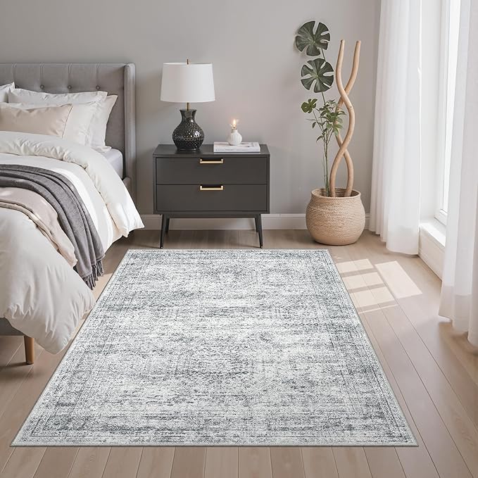 Soalmost Area Rugs 4x6 for Living Room, Vintage Washable Rugs for Dining Room, Kitchen, Non-Slip Area Rug Grey