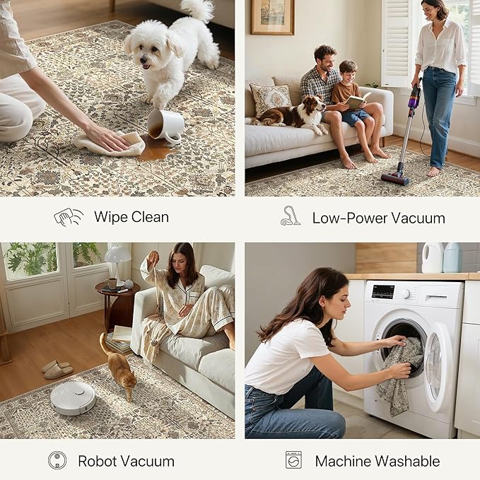 Bavni Washable Rugs 6x9-Machine Washable Rug Lightweight Low Pile, Vintage Floral Rug Non-Shedding Distressed Throw Carpet for Living Room Bedroom Office, Dark Espresso