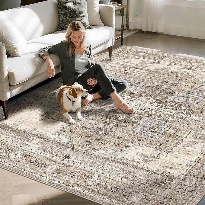 RUUGME Living Room 7x7 Square Rug - Area Rugs for Living Room Stain Resistant Carpet Soft Rugs for Married Woman in Bedroom Kitchen Dining Room with Non Slip Backing Home 7x7 Beige