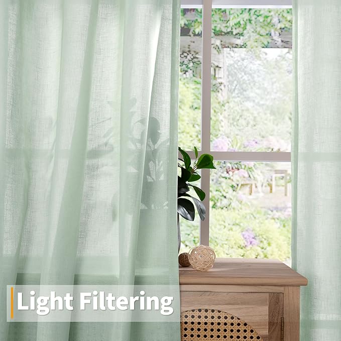 YoungsTex Mint Green Linen Semi Sheer Curtains 84 Inches Length for Living Room Spring Decor - Sage Light Filtering Drapes with Grommet Boho for Bedroom Dining Lightweight, 2 Panels, 52 X 84 Inch
