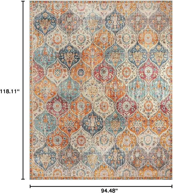 Lahome Moroccan Washable Area Rugs 8x10, 8x10 Rugs for Living Room Bedroom, Ultra-Thin Oriental Non-Slip Foldable Non Shedding Accent Large Carpet for Office Dining Room Elise, Cream/Multi
