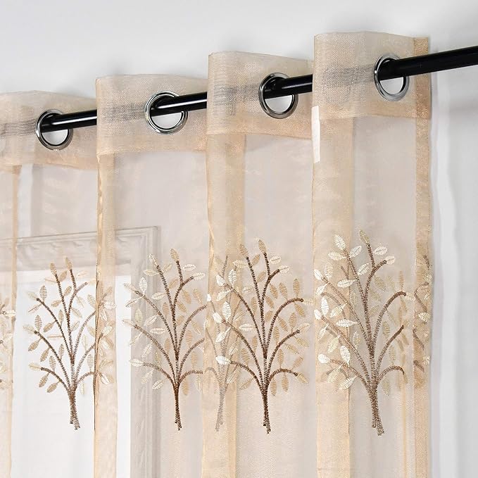 DONREN Tree Branch Embroidery Taupe Sheer Curtains for Bedroom - Luxury Embroidery Sheer Curtain Panels for Living Room (W 52 x L 84 Inch,2 Panels)