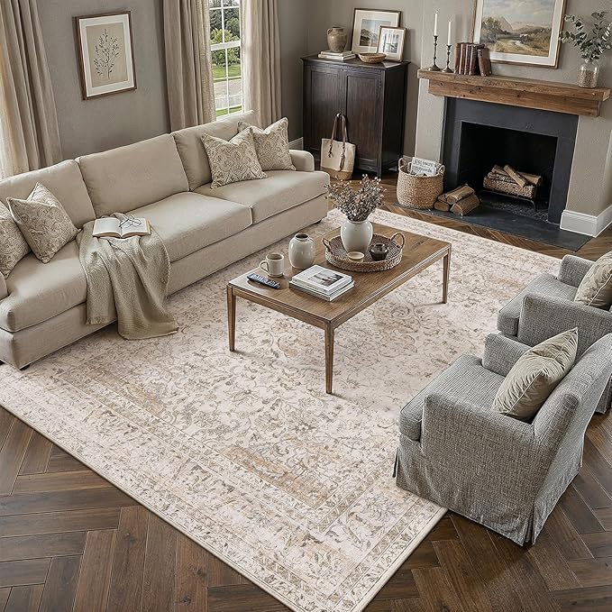 10x14 Washable Area Rug Beige Vintage Non Slip Soft Low Pile Rug for Living Room Bedroom Dining Room Office Distressed Oriental Indoor Large Throw Carpet for Home Decor