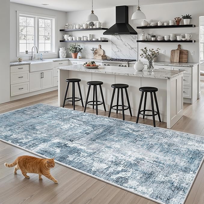 Soalmost Runner Rug 3x6 Washable Non-Slip Kitchen Runner Rugs for Bathroom Laundry Room Blue/Grey Vintage Floor Carpet Runners for Hallway Entryway