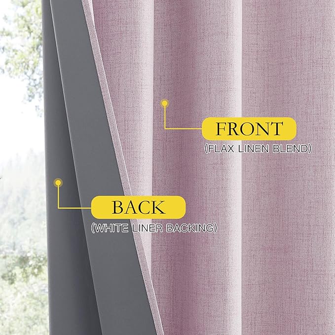 NICETOWN Pink Vintage Linen 100% Blackout Curtains for Living Room, Thermal Insulated Curtains 90" Long, Noise Reducing Window Treatment Drapes for Hall Room, 42" Wide Per Panel, Set of 2