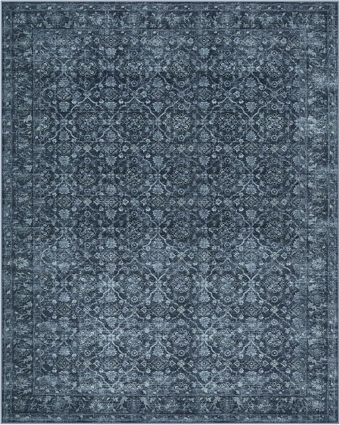 Hedlive Vintage Blue Rugs for Living Room, Ultra-Thin Washable Rugs 8x10 Area Rugs for Bedroom Non Slip, Stain Resistant Vintage Carpet Rug for Dining Room High Traffic Area (8'x10', Blue)