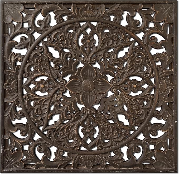 XIAOAIKA Boho Carved Wood Wall Sculpture, Intricate Floral Mandala Design with Distressed Brown Finish, Vintage Farmhouse Wall Art Panel with Solid Wood Frame for Bedroom Entryway (22" x 22")
