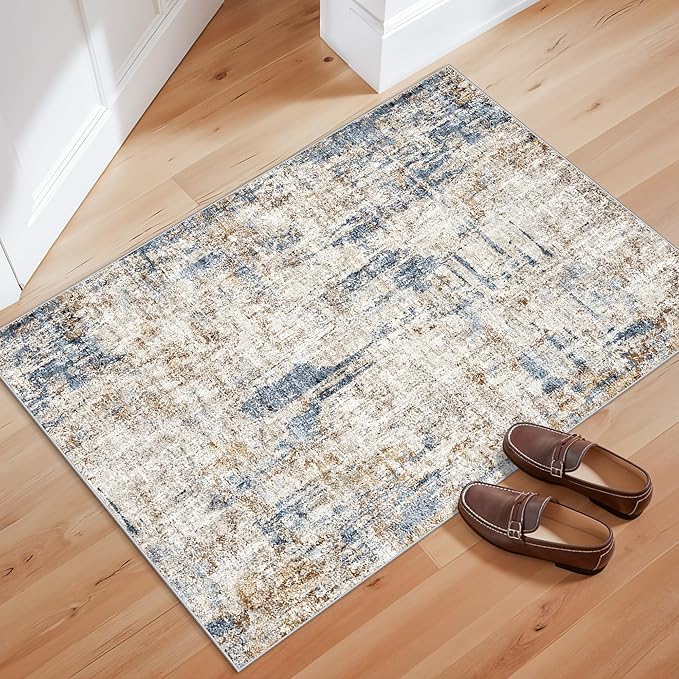 2x3 Washable Non-Slip Area Rug - Soft Low Pile Throw Rug for Kitchen Entryway Bedroom - Modern Indoor Door Mat with Rubber Backing （Blue Brown）