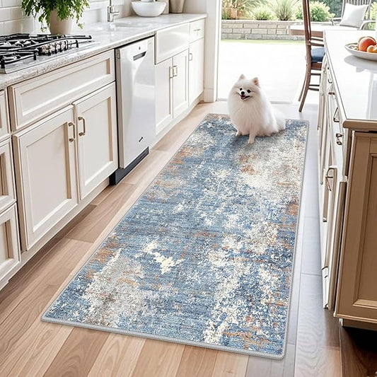 3x6ft Non-Slip Washable Kitchen Rug - Soft Wide Indoor Carpet Runners for Entryway, Hallway, Bathroom with Rubber Backing, Modern Distressed Low-Pile Thin Floor Runner (Blue Rust,3x6)