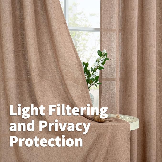 YoungsTex Mocha Brown Linen Kitchen Window Curtains 40 Inch Length, Short Semi Sheer Drapes with Grommet Light Filtering for Bathroom Living Room Windows, 2 Panels, 42 X 40 Inch