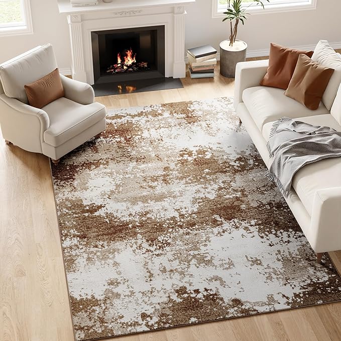 Brown Washable Rug 6x9 Area Rugs for Living Room Bedroom Carpet, Indoor Vintage Abstract Boho Large Rug Non Slip Faux Wool Rugs for Dorm, Dining Room Table, Nursery, Kids Playroom, Coffee