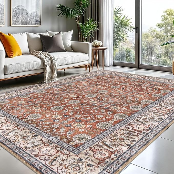 KUTA Vintage 8x10 Area Rugs for Living Room, Red Clay Washable Large Rug for Bedroom 8ft x 10ft Non-Slip, Ultra Thin Soft Printed Traditional Floral Distressed Dining Room Low-Pile Carpet