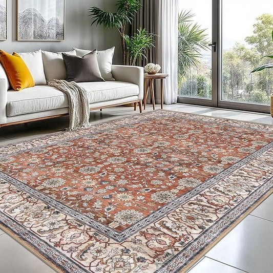 KUTA Vintage 8x10 Area Rugs for Living Room, Red Clay Washable Large Rug for Bedroom 8ft x 10ft Non-Slip, Ultra Thin Soft Printed Traditional Floral Distressed Dining Room Low-Pile Carpet