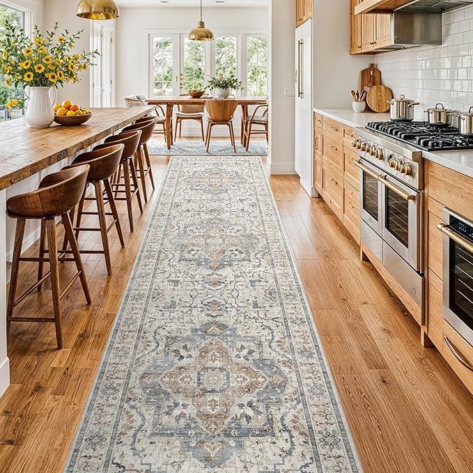 3x12 Runner Rug for Hallway, Non-Slip Long Washable Rug, Soft Thin Vintage Floor Mat for Kitchen, Bathroom, Bedroom, Entryway, Dining Room (Beige/Blue 3'x12')