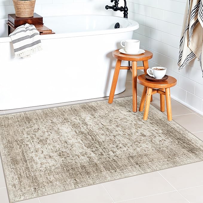 RUUGME 2x3 Entryway Rug Washable - Boho Rug Stain Resistant for Kitchen/Bathroom/Bedroom Low Pile Rubber Backed Rugs Ultra Thin Soft Home Decoration Floor Mat 2x3 Beige Brown