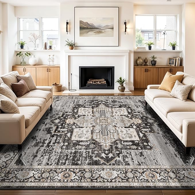 RUUGME Washable 9x9 Square Rug: Boho Soft Rugs with Non Slip Backing for High-Traffic Areas in Living Room/Bedroom/Dining Room Stain Resistant&Easy Care Carpet for Housholds&Pets Family 9X9 Black