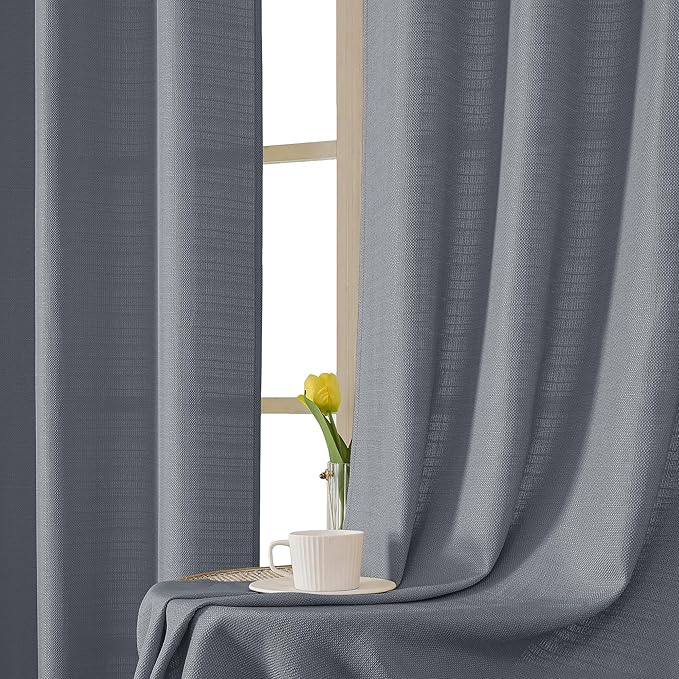Chyhomenyc Dark Grey Curtains 90 Inch Length 2 Panels Set, Faux Linen Textured Semi Sheer Light Filtering Soft Airy Privacy Farmhouse Curtain Drapes for Living Room Bedroom, 40 Wx90 L Inches