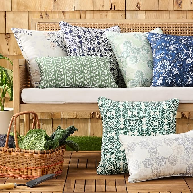Martha Stewart Tulum Indoor Outdoor Decorative Pillow 2-Pack Set, UV Fade Resistant, Water Repellent, Printed Modern Design, Green, 18"x18"