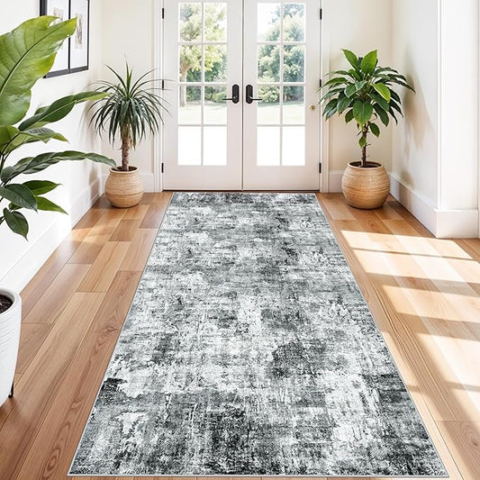 4x10 ft Extra Wide Hallway Rug – Non-Slip Washable Rubber-Backed Large Carpet Runner for Kitchen, Entryway | Modern Abstract, Low-Pile Thin Floor Mat for Bedroom Living Room Dining Room（Grey）