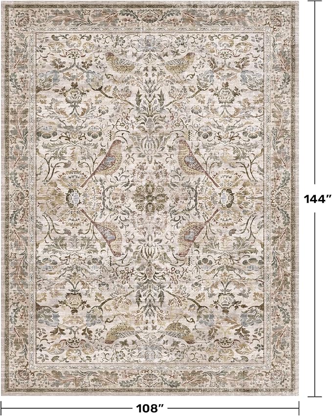Floral 9x12 Large Area Rug for Living Room - Floral & Bird Soft Rugs for Bedroom,Non Slip Washable Carpet for Dining Room Under Table, Vintage Brown Taupe Indoor Décor, Low Pile Stain Resistant