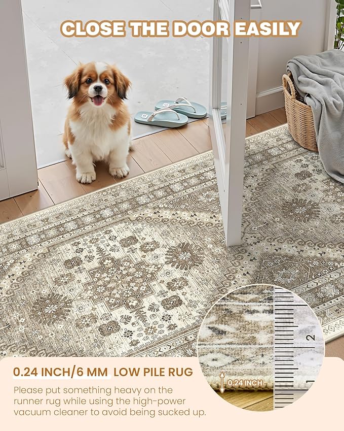 Washable Runner Rug 2.5x14, Non-Slip Long Kitchen Mats for Floor, Vintage Rug for Entryway, Soft Hallway Runner for Dining Room, Bedroom, Living Room(Brown,2.5'x14')