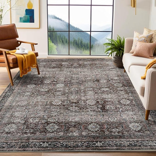 GarveeHome Area Rugs 4x6 Vintage Printed Floor Carpet with Non-Slip Backing, Stain-Resistant Oriental Throw Rugs, Washable Farmhouse Low Pile Rugs for Living Room, Bedroom, Office, Brown