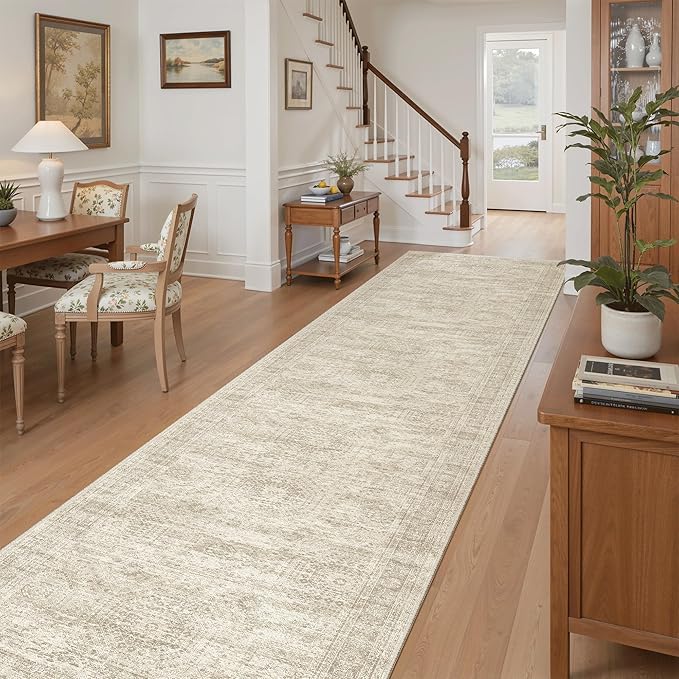 Soalmost Runner Rug 3x12 Washable Non-Slip Hallway Runner Rugs for Kitchen Bathroom Laundry Room Beige Vintage Floor Carpet Runners for Hallways Entryway