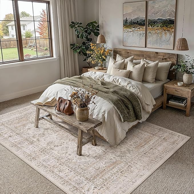 10x14 Washable Area Rug Beige Vintage Non Slip Soft Low Pile Rug for Living Room Bedroom Dining Room Office Distressed Oriental Indoor Large Throw Carpet for Home Decor