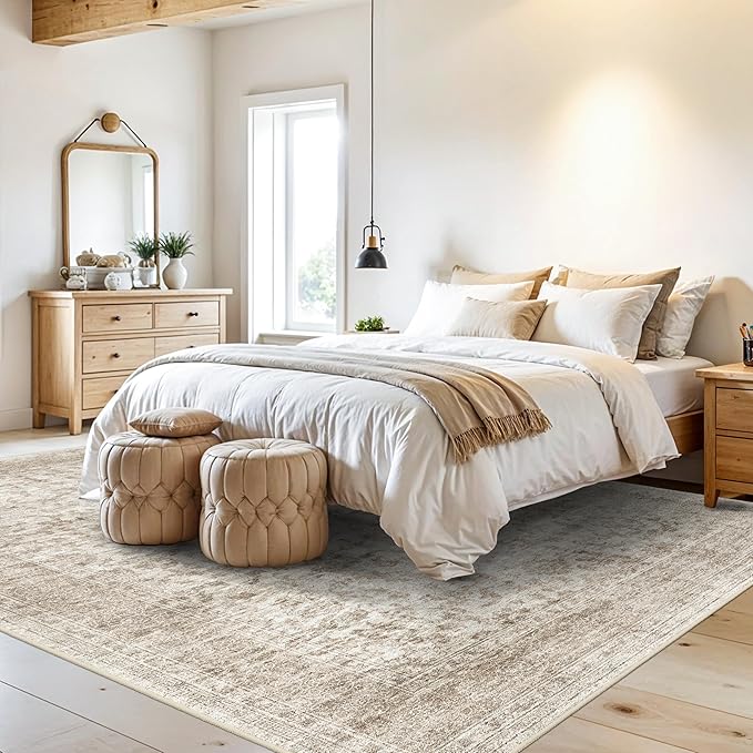 RUUGME Living Room Area Rug 8x10 - Vintage Washable Rugs with Non Slip Backing Indoor Stain Resistant Carpet for Bedroom Playroom Soft Lightweight Ultra-Thin Home Decor Mat 8x10 Beige Brown