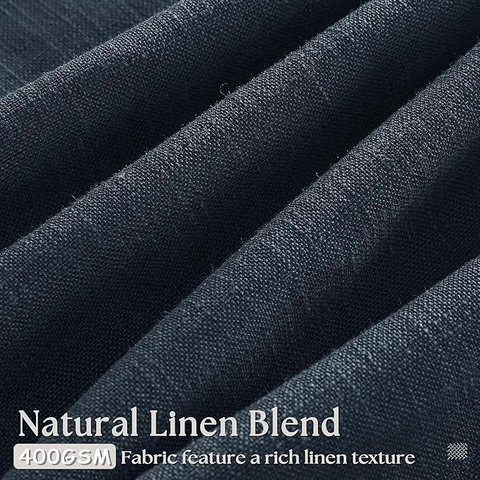 Navy Blue Pleated Linen Curtains 96 Inches Long for Living Room 2 Panel Set Semi Sheer Light Filtering Pinch Pleat with Rings Hooks Drapes Boho Farmhouse Dark Blue Indigo Curtain Bedroom Window