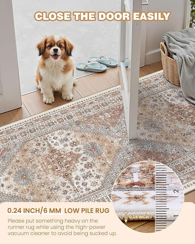 3x12 Runner Rug for Hallway, Non-Slip Long Bathroom Rugs Runner for Kitchen, Living Room, Bedroom, Soft Vintage Washable Rug for Entryway, Thin Floor Mat for Dining Room(Orange,3'x12')