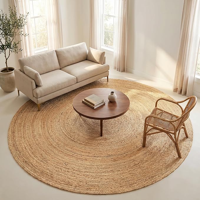 Jute Braided Area Rug, Natural - 8 Feet Round, Boho Neutral Indoor Circle Hand Woven Rugs for Living Room, Bedroom, Nursery, Dining Area | Farmhouse Large Rustic Patio Floor Mat for Coastal Décor