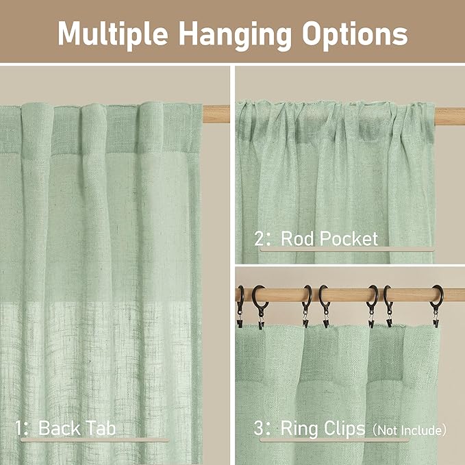 LAMIT Linen Curtains 90 Inch for Living Room, Back Tab and Rod Pocket Linen Textured Farmhouse Curtains Light Filtering Drapes for Bedroom/Dining Room, Fresh Green, Set of 2, 52 x 90 Inch