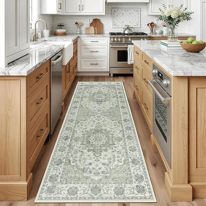 Washable Hallway Runner Rug - 3x8 Floor Carpet Rug Distressed Low Pile Mats Non Slip Soft Rugs for Dining Room with Rubber Backing Bedroom Runner with Vintage Design (Green 3x8)
