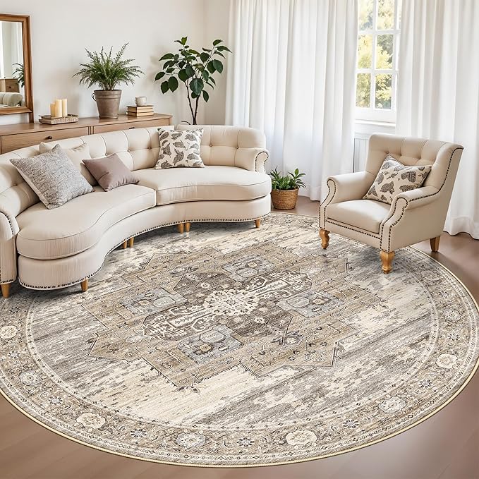 RUUGME Washable Round Rug 5ft: Living Room Circle Rugs with Non Slip Rubber Backing Stain Resistant Indoor Carpet for Bedroom Ultra Thin Soft Floor Decor Mat 5ft Beige