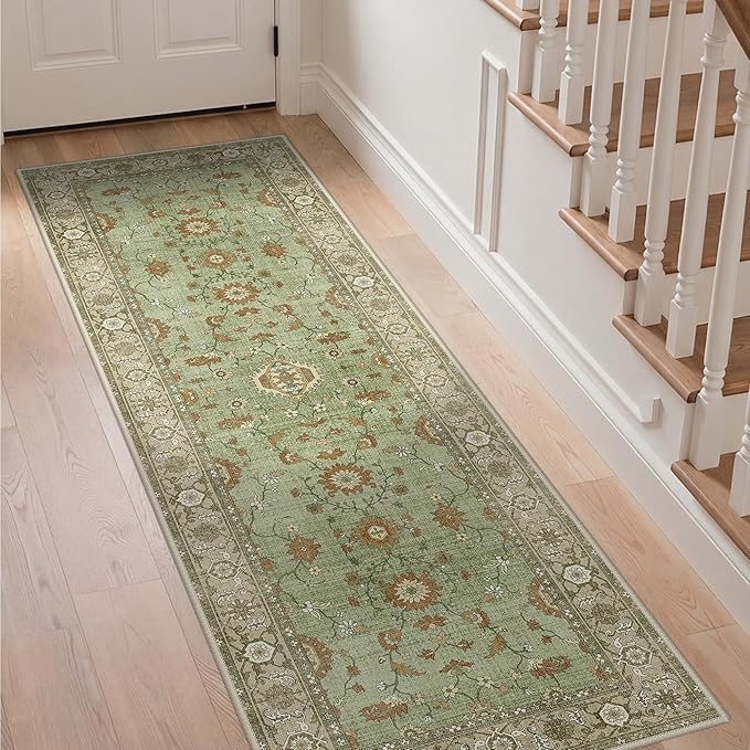 GENIMO Runner Rug for Hallways Machine Washable, 2x6 Non Slip Boho Vintage Lightweight Washable Runners, Thin Floor Rugs for Entryway Hallway Bathroom Laundry Room Corridor, Brick Sage
