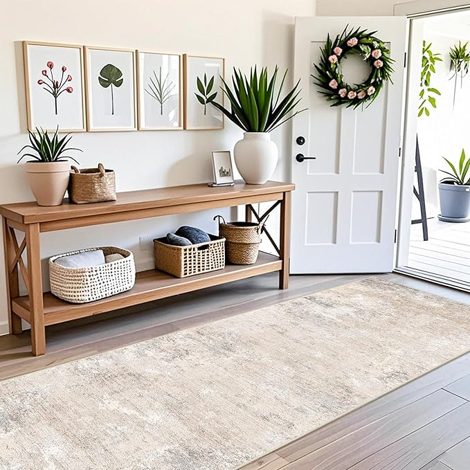 3x12 ft Washable Hallway Runner Rug - Long Non Slip Low Pile Thin Carpet Runners, Modern Abstract Neutral, Stain Resistant for Kitchen, Entryway, Bathroom（Beige Grey,3x12）